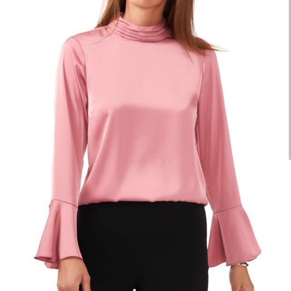 🆕 Halogen Pink Foxglove Long Sleeve Top Blouse Mock Neck Trumpet Sleeves XL